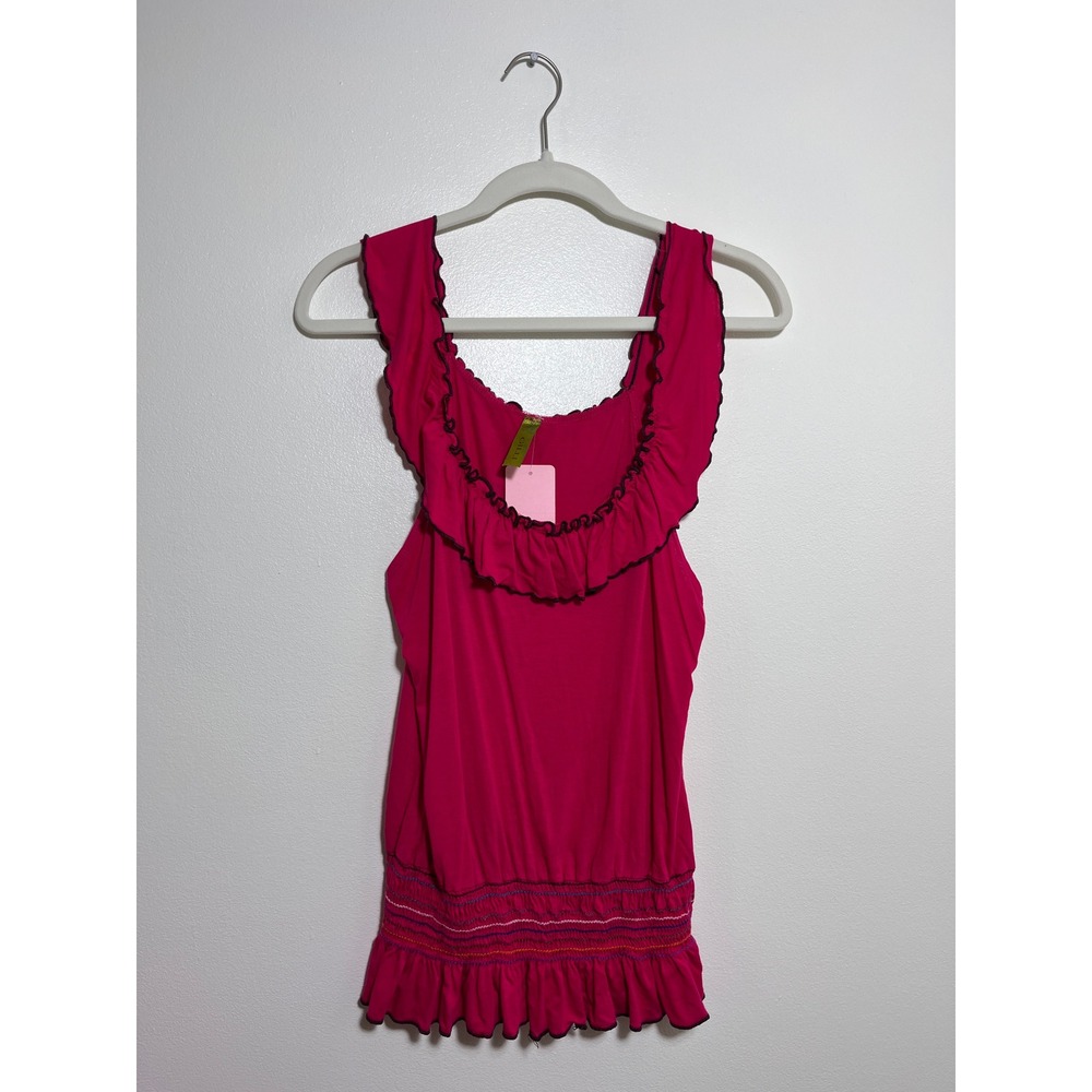 Gilli Fuchsia Pink Ruffle Tank Top Smocked Waist Embroidered Boho Sleeveless